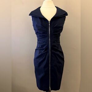 Joseph Ribkoff Fitted Bodycon Pencil Dress Zip Front Ruched Wired Collar Size 6